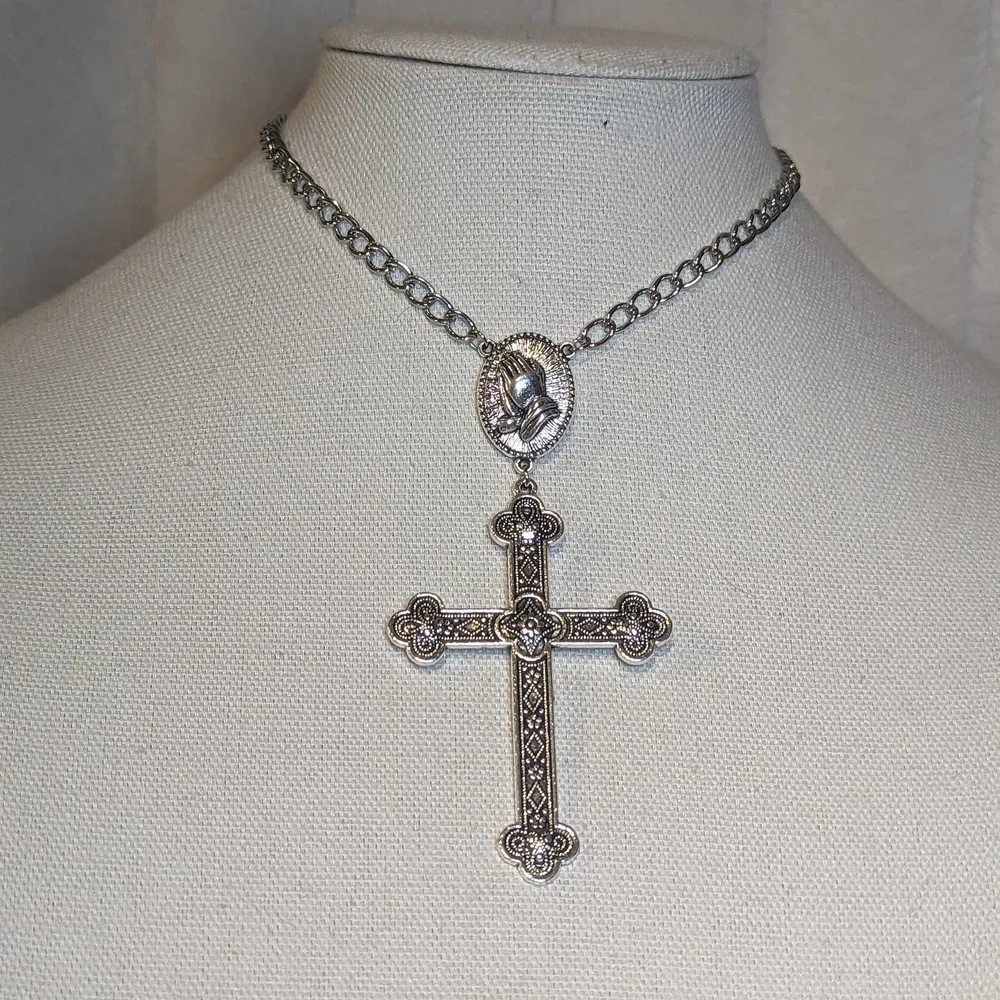 Rosary Style Prayer And  Large Cross Chain Choker Necklace